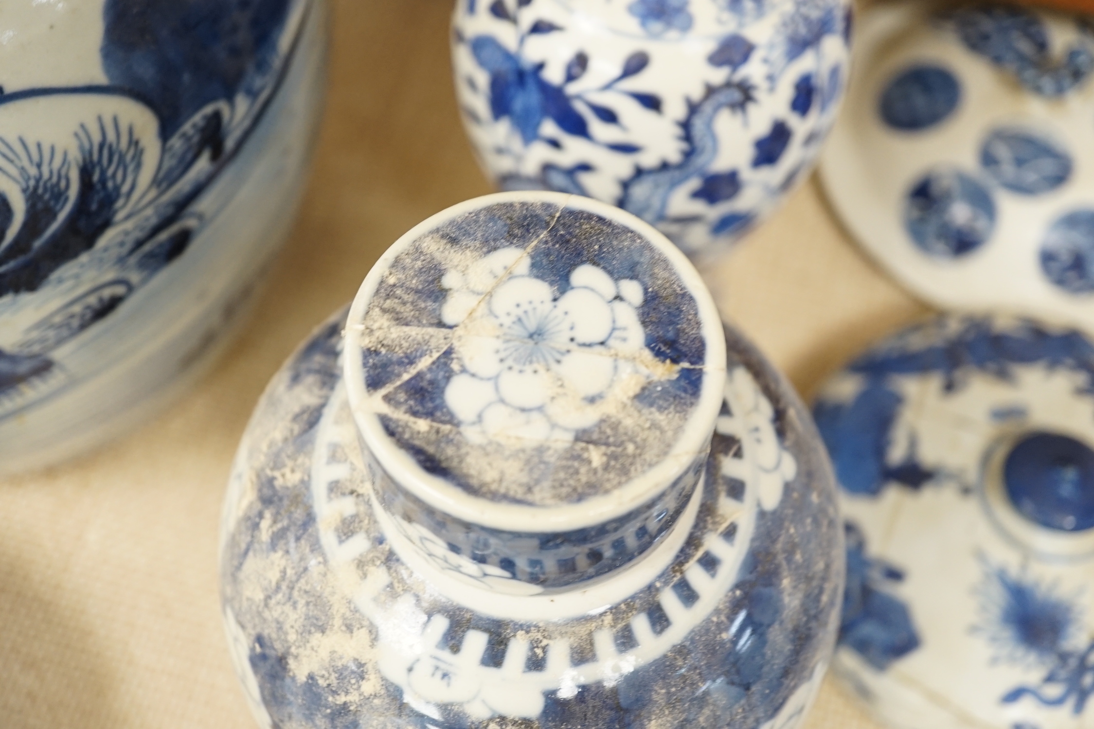 A large collection of Chinese blue and white export plates, a blanc de chine figure, two vases, a jar and five Japanese planters, jar 24cm high (a.f.)